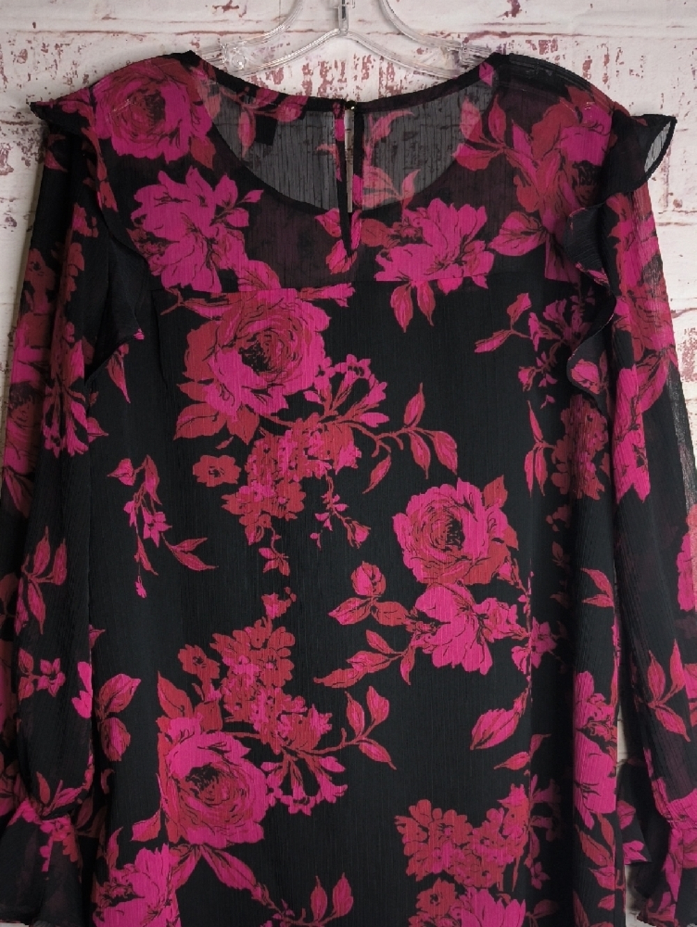 Black Fuchsia Floral Roz & Ali Large Round Neck Long Sleeve Light Weight - Picture 2 of 5